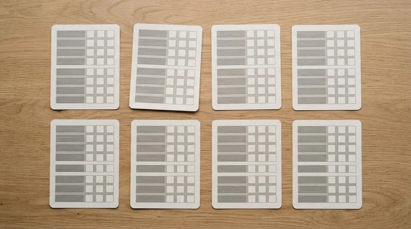 Acht anonieme kaarten op een tafel als vergelijking van aanbieders