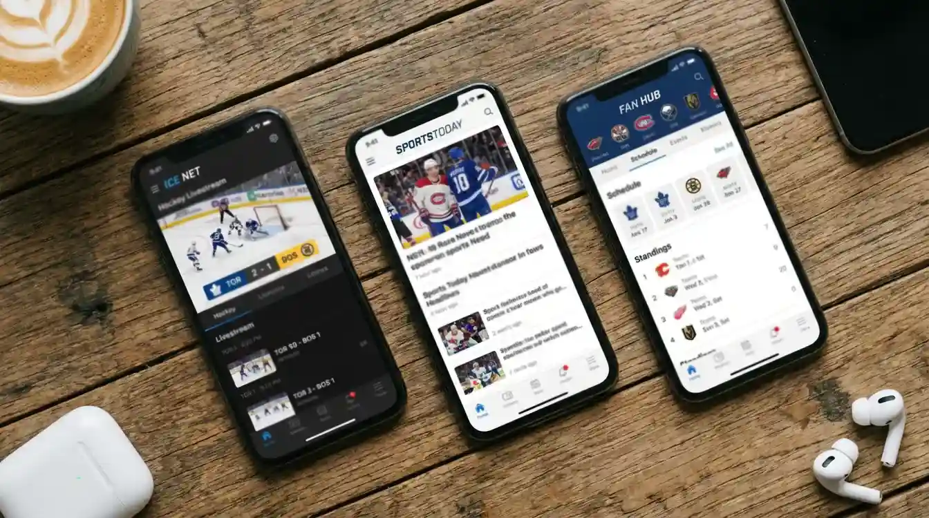 Meerdere smartphones naast elkaar met verschillende sport streaming apps open