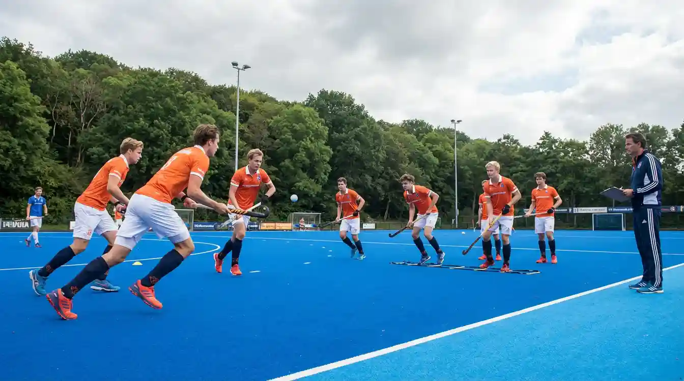 Bloemendaal hockeyspelers tijdens een training op het kunstgrasveld