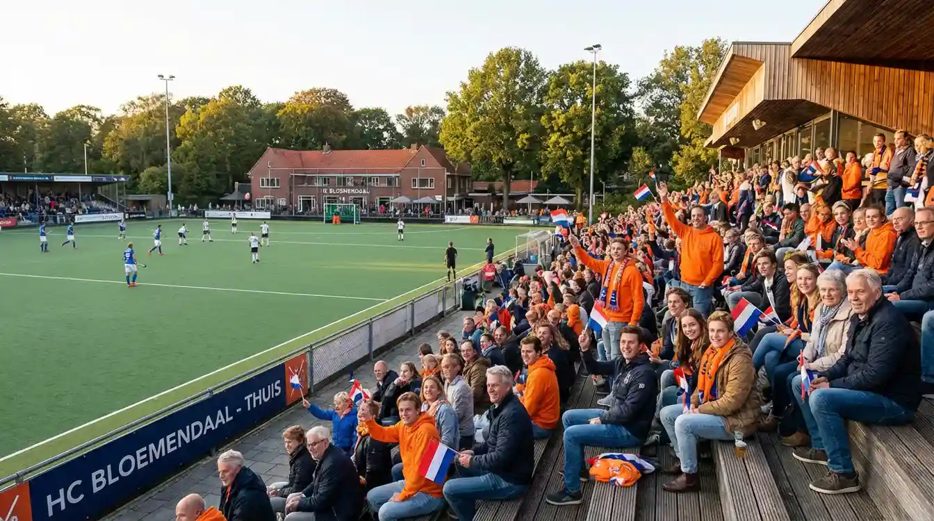 Supporters van Bloemendaal op de tribune tijdens een thuiswedstrijd op 't Kopje