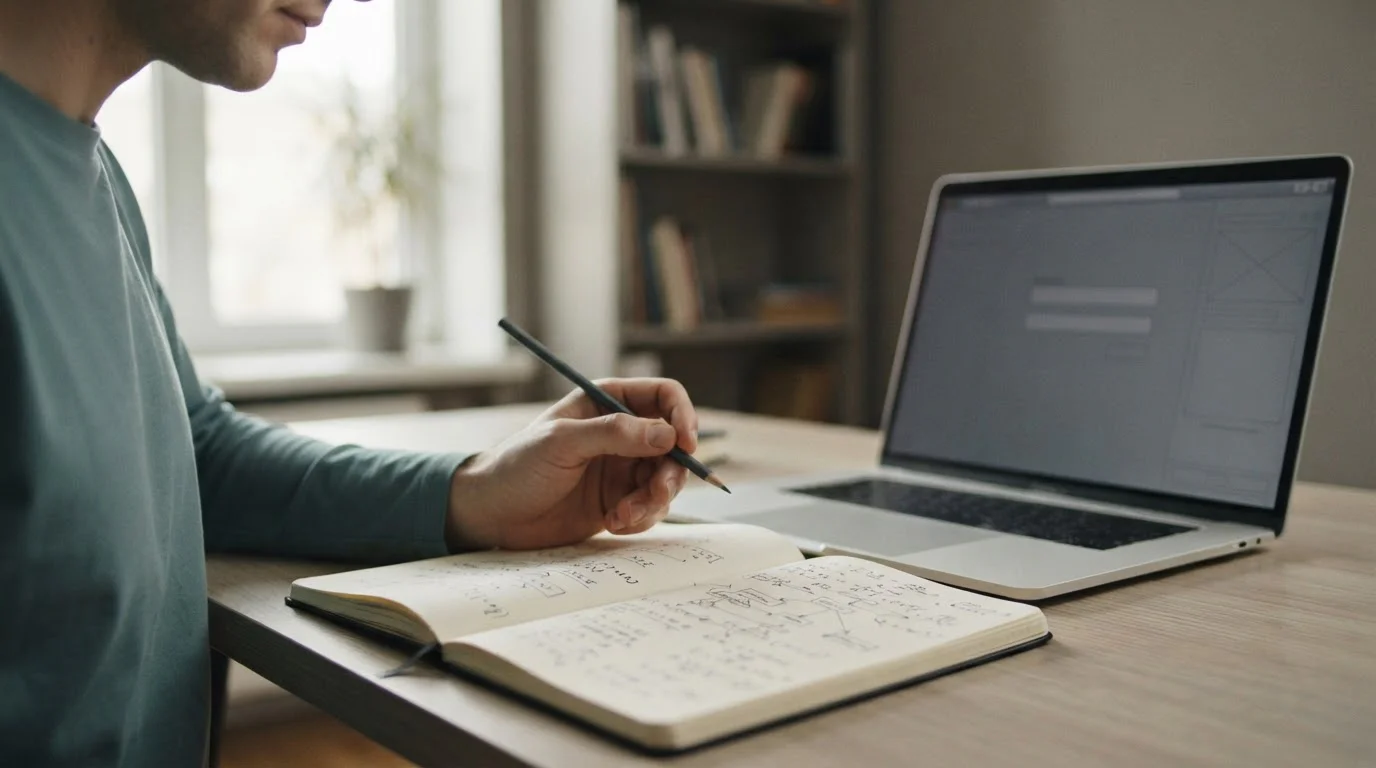 Notitieblok met handgeschreven berekening naast een laptop