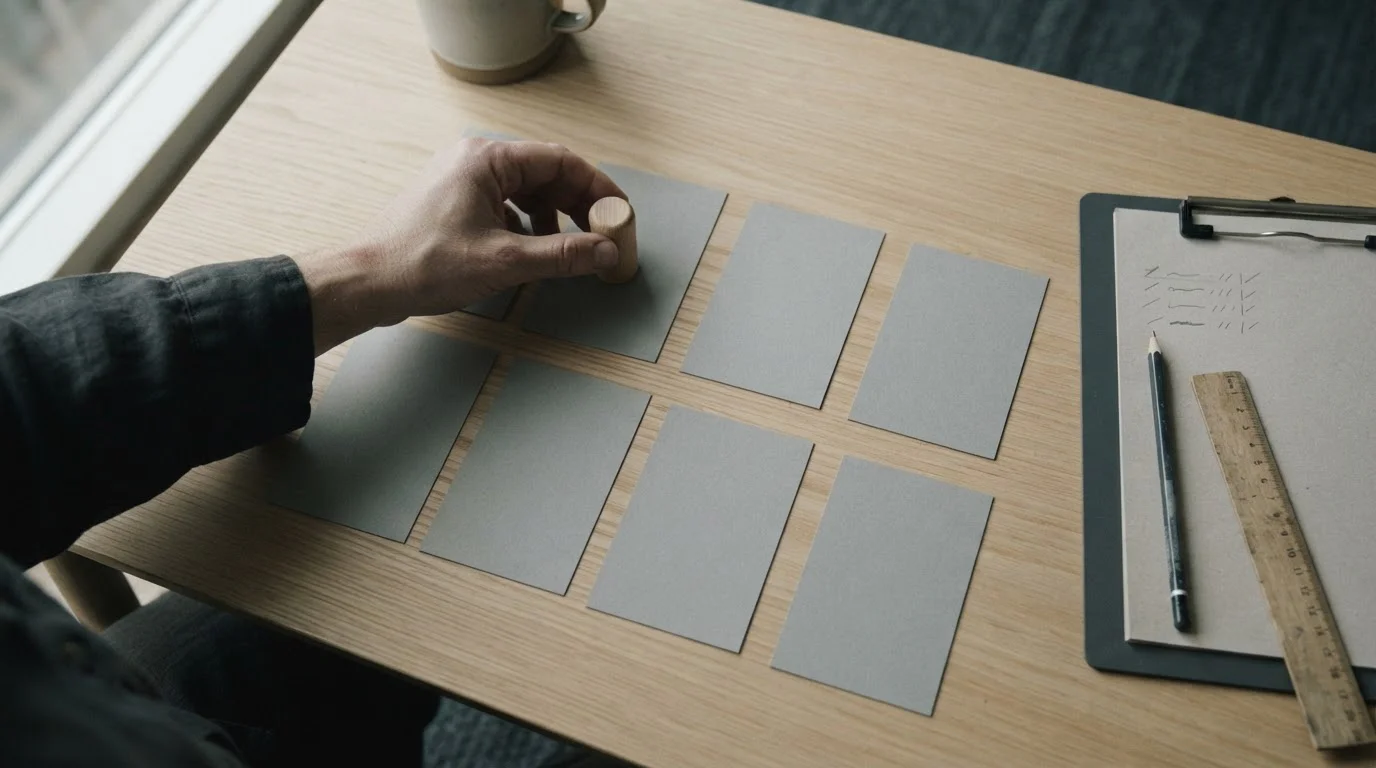Overzicht met acht neutrale kaartjes op een tafel voor een vergelijking van aanbieders