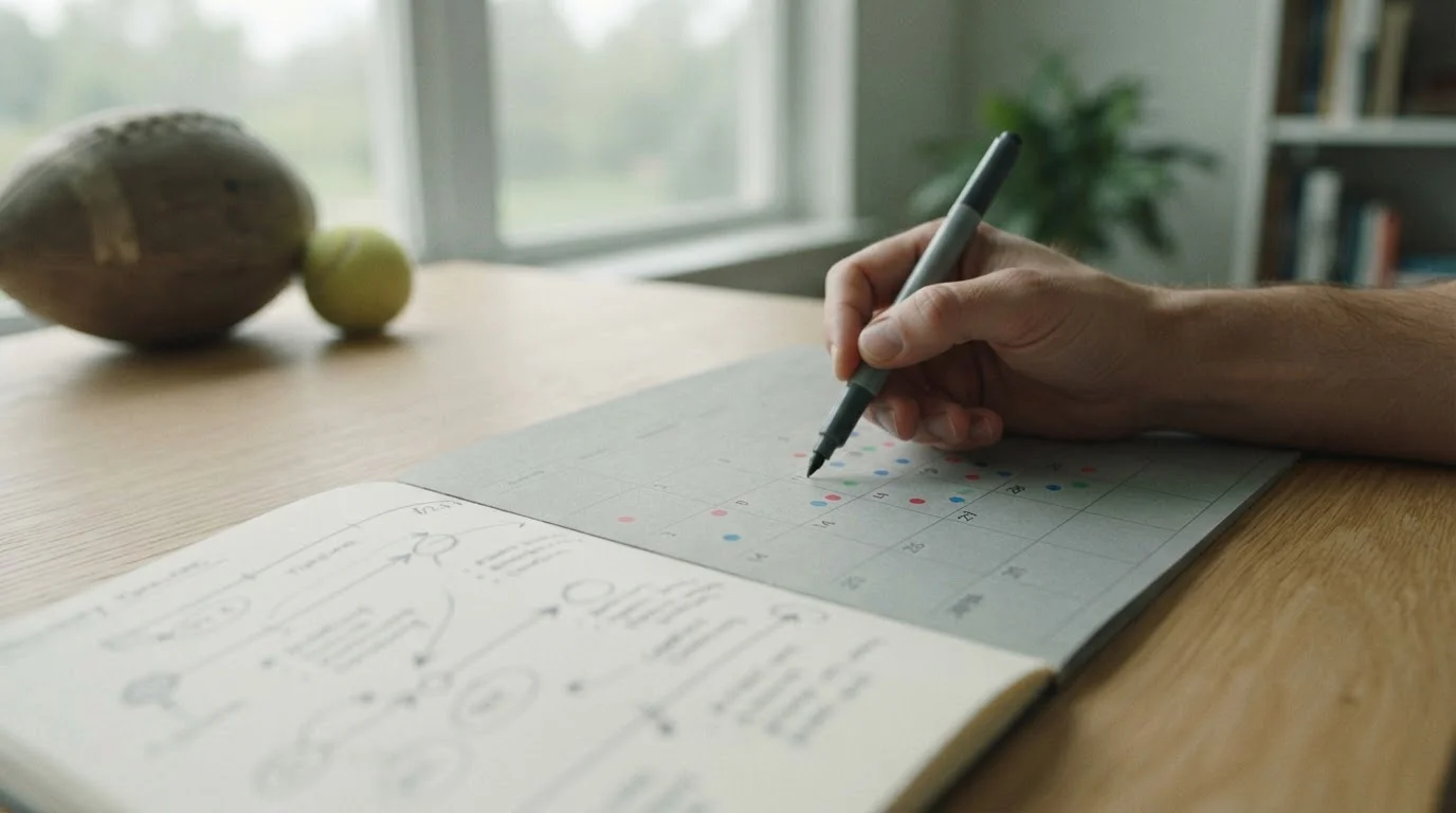 Kalender en notitieblok met markeringen rond grote sporttoernooien