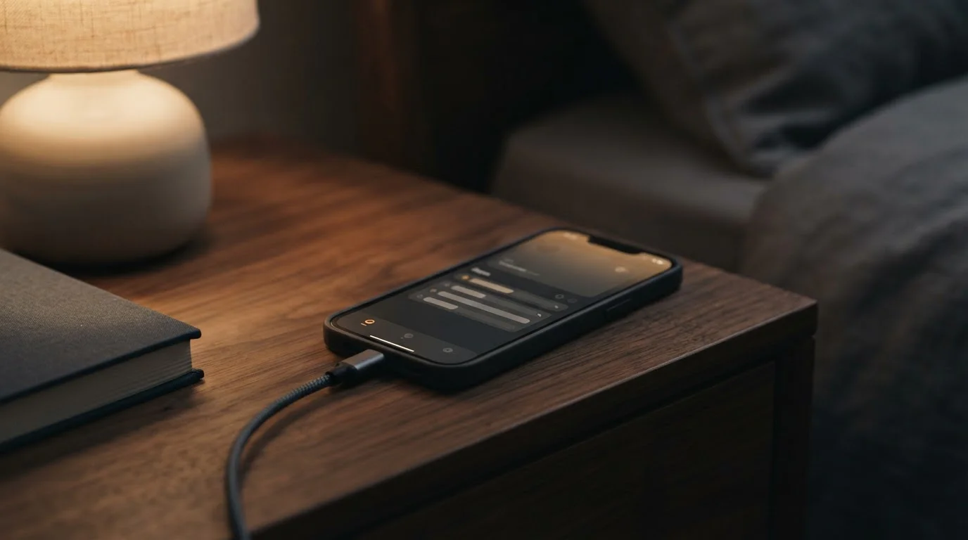Smartphone met oplaadkabel op een nachtkastje in schemerlicht