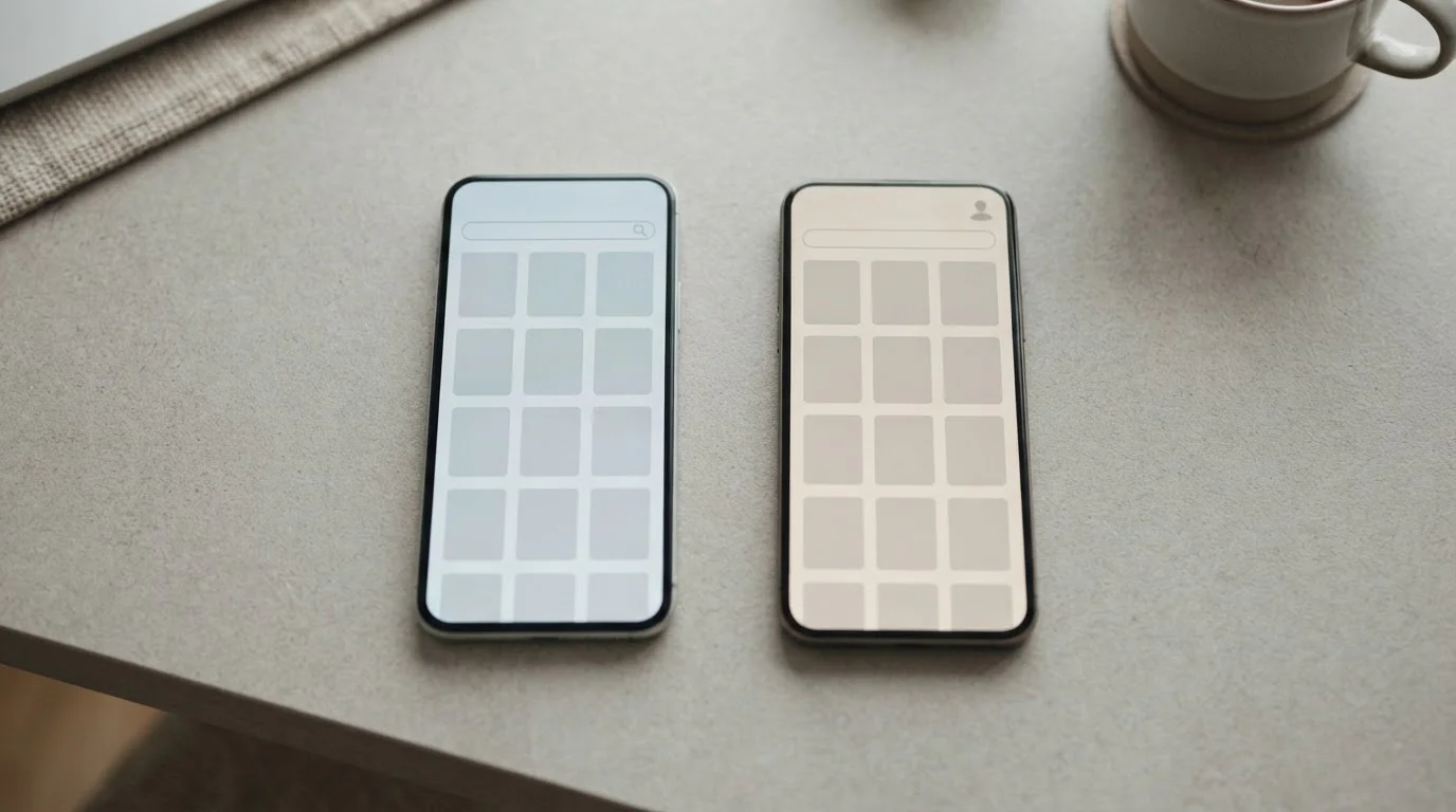 Twee telefoons naast elkaar met lege app-store lay-outs op een grijs bureau