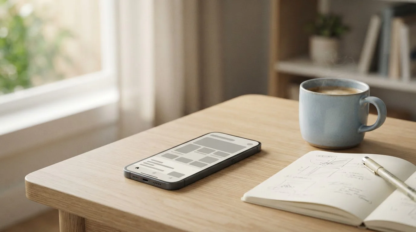 Smartphone op houten tafel met neutrale sport-app interface naast notitieblok