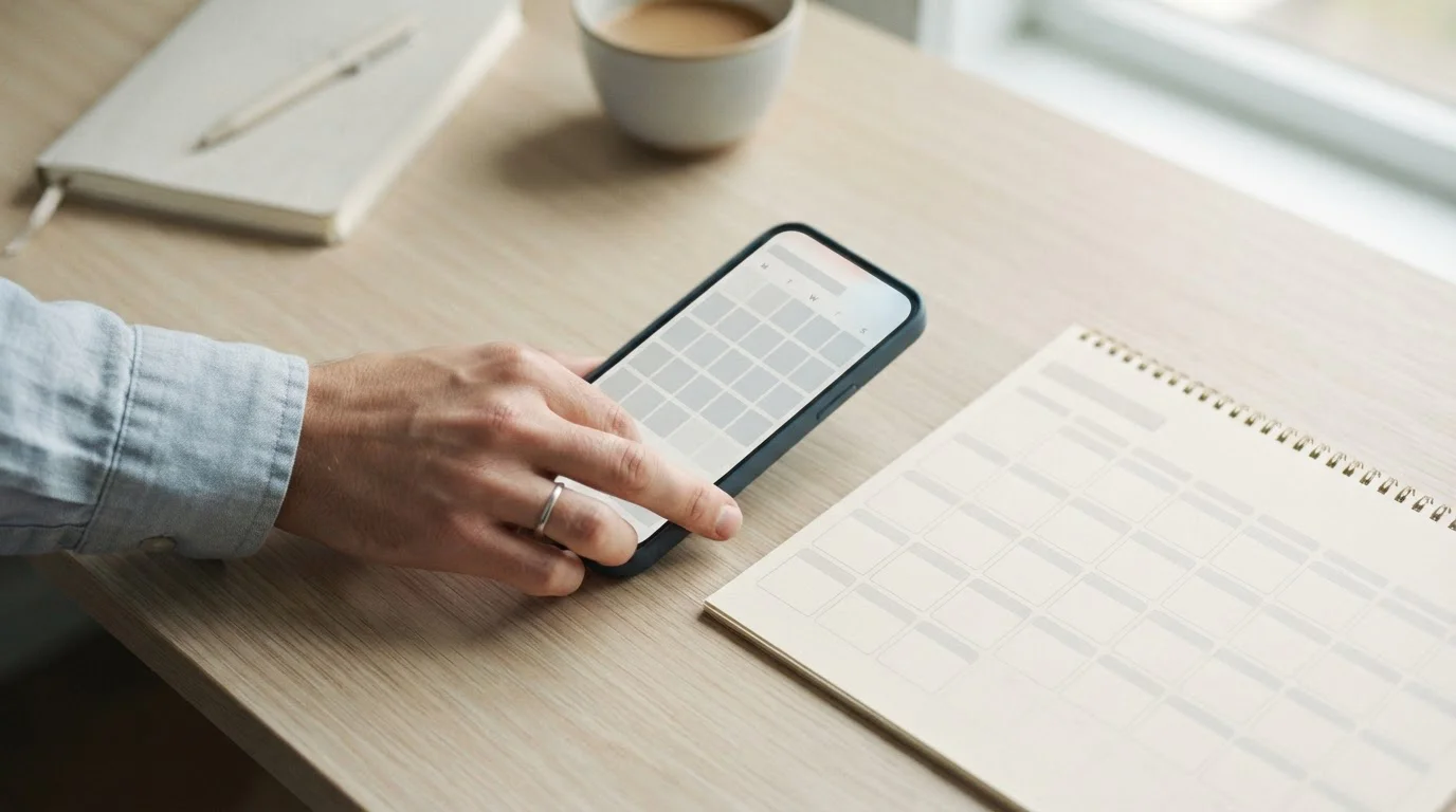 Hand legt telefoon naast een papieren kalender op een bureau