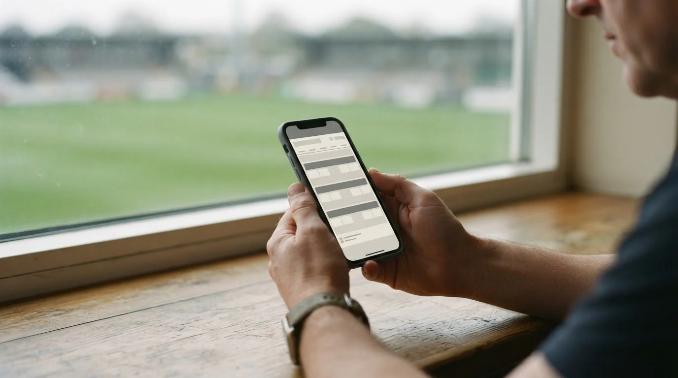 Handen houden een telefoon vast bij een raam met zicht op een grasveld