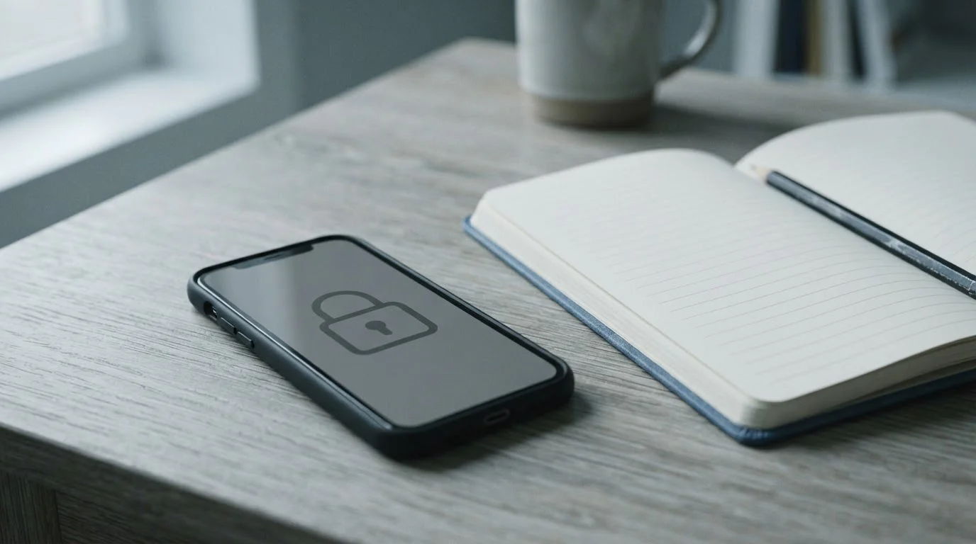 Smartphone met een vergrendelingssymbool naast een opengeklapt notitieboekje op tafel