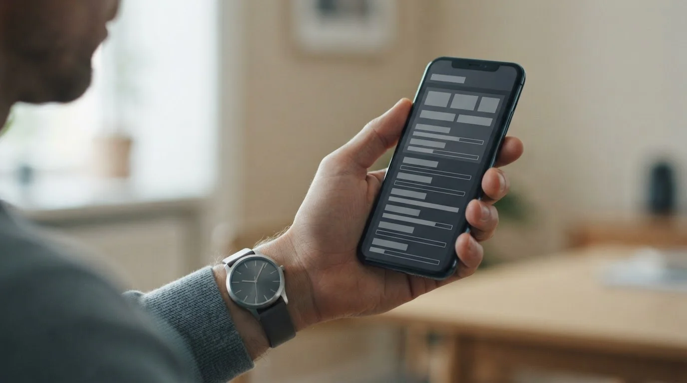 Hand houdt een smartphone vast met een neutrale schermweergave, een pols met horloge zichtbaar