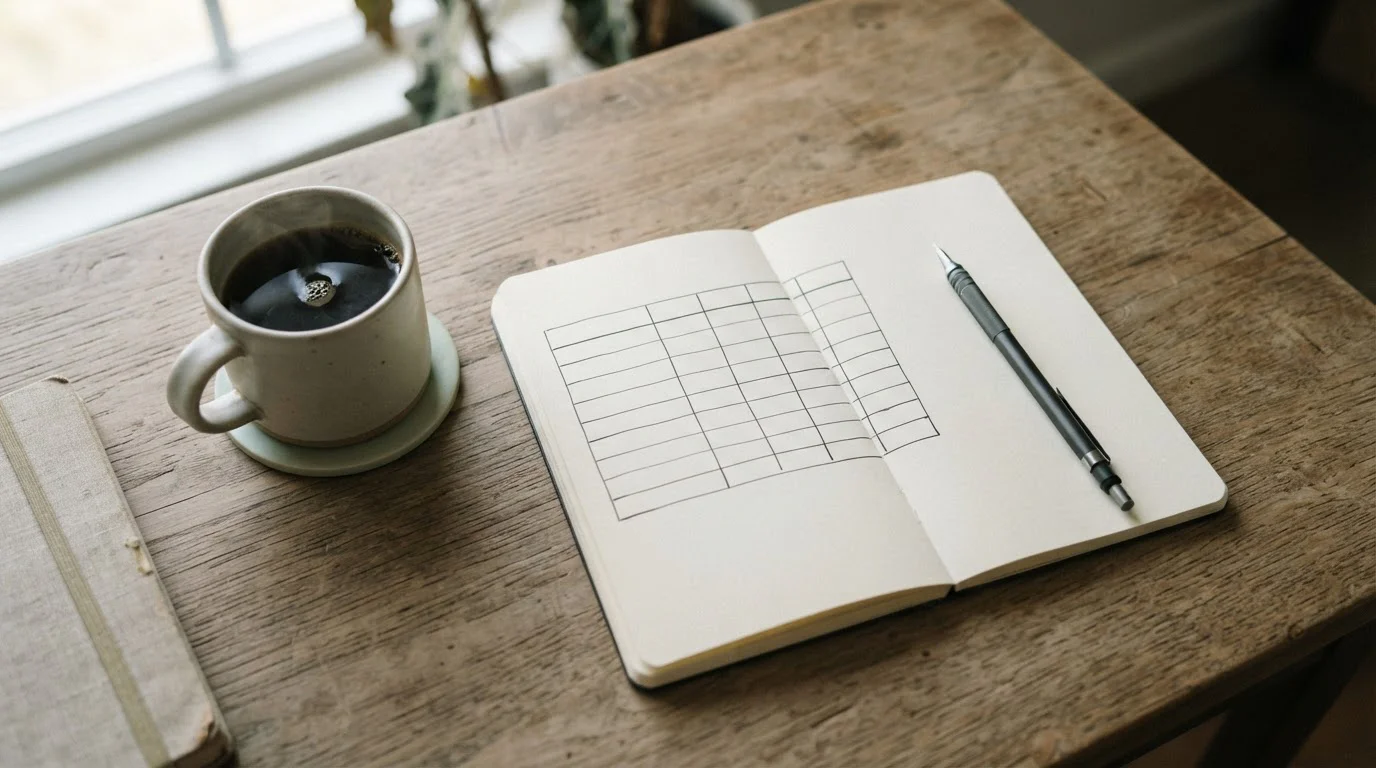 Bovenaanzicht van een bureau met een notitieblok waarop een lege vergelijkende tabel is geschetst
