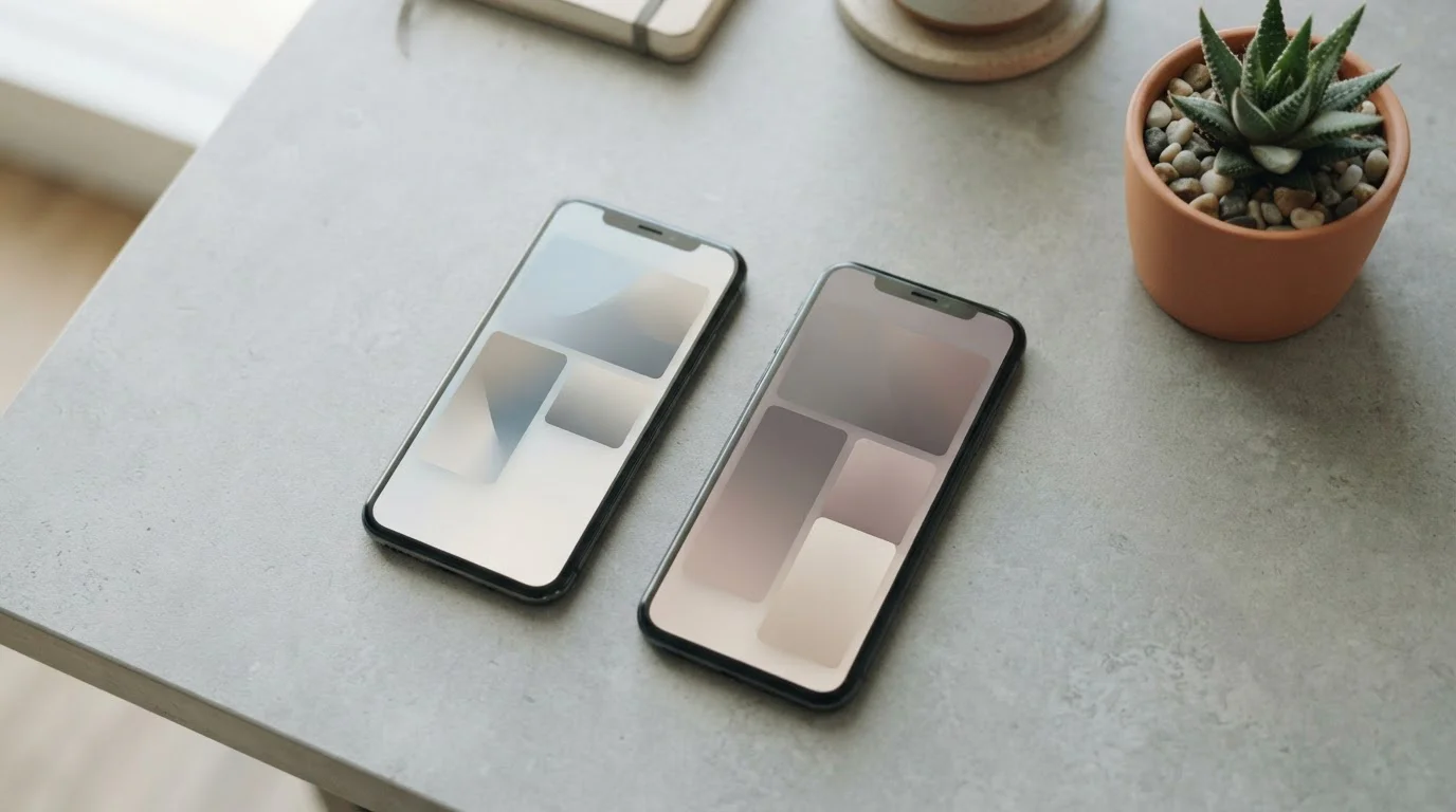 Twee smartphones naast elkaar op een tafel met abstracte, lege betaalinterfaces