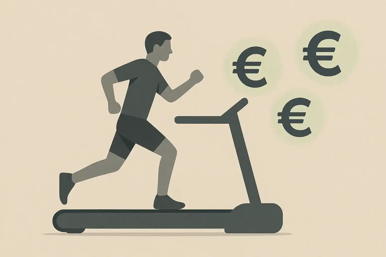 Visuele metafoor van verliezen najagen met persoon op loopband achter euro biljetten aan