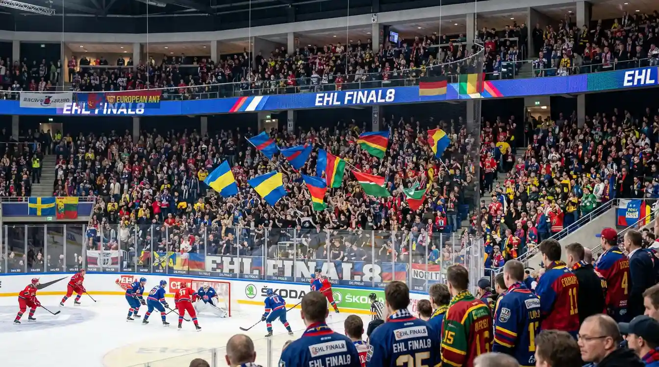 Enthousiast publiek tijdens de EHL FINAL8 met clubsjaals en vlaggen