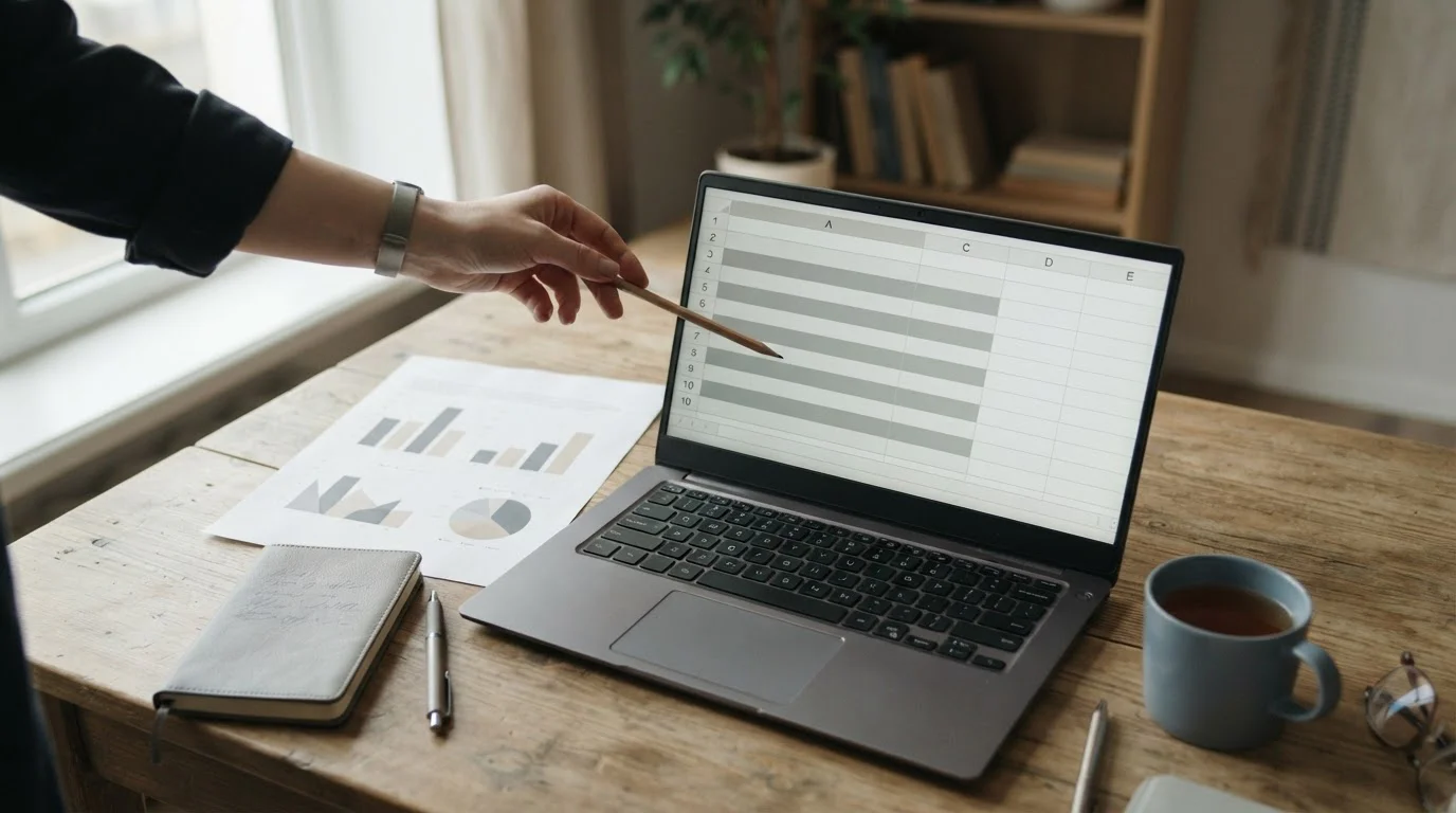 Vergelijkende tabel met neutrale rijen op een laptopscherm naast aantekeningen