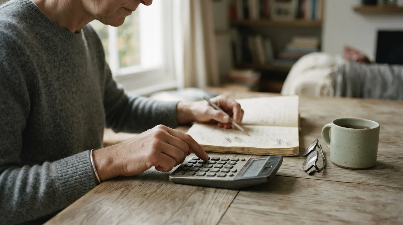 Handen met rekenmachine en notitieblok waarop een berekening staat uitgewerkt