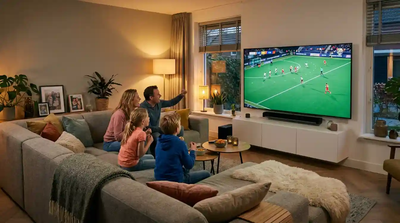 Gezin samen in de woonkamer kijkend naar een hockeywedstrijd op televisie
