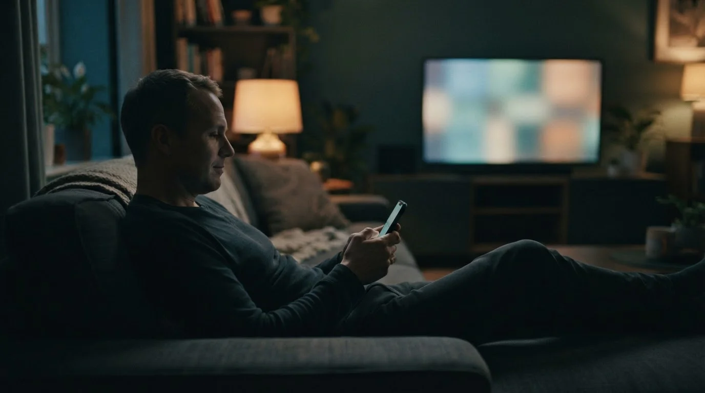 Sportfan die op de bank naar een wedstrijd kijkt met een smartphone in de hand