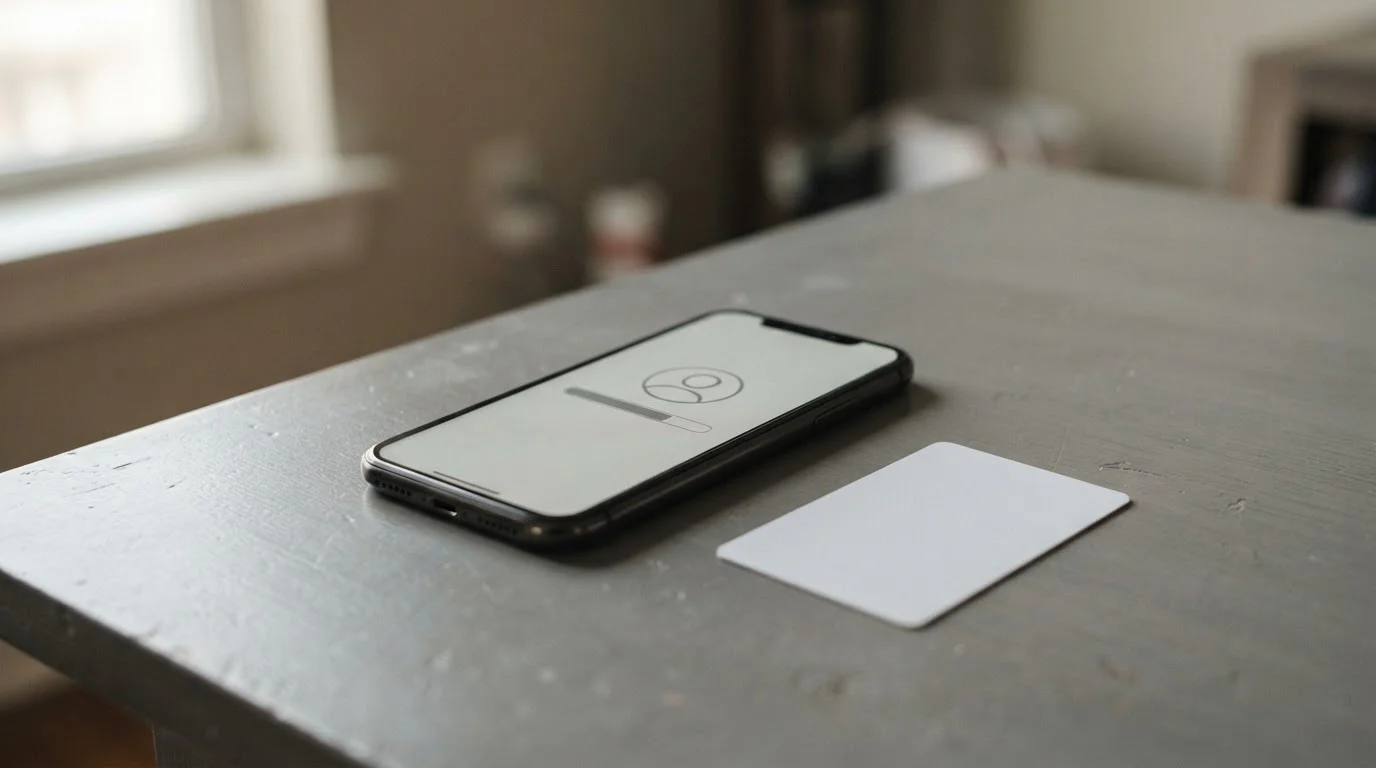 Smartphone met een leeftijdsverificatiescherm naast een identiteitskaart op een tafel