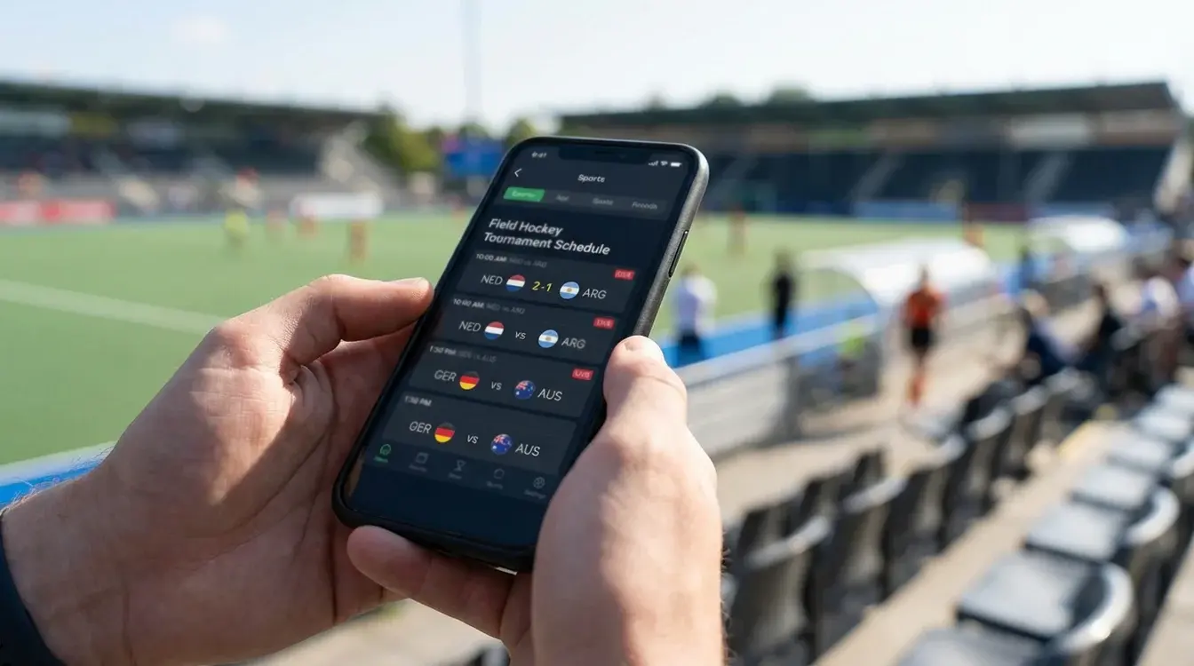 Smartphone met hockey-app die het wedstrijdschema van een toernooi toont