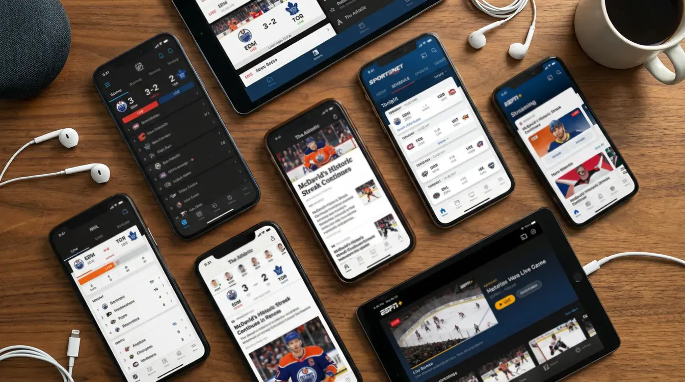 Smartphones en tablets met verschillende hockey apps en websites geopend