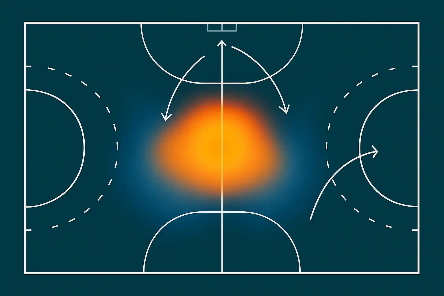 Tactisch overzicht van hockeyveld met heatmap van balbezit zones en cirkelintredes