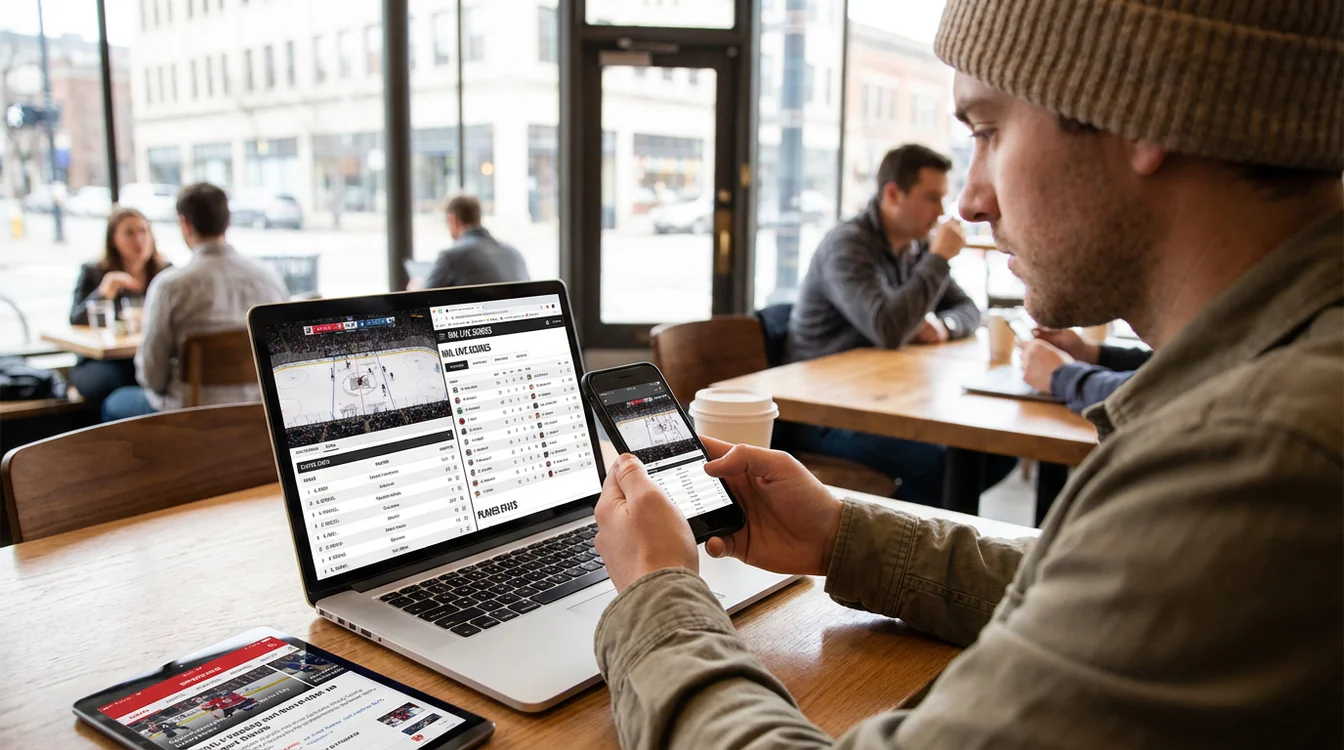 Persoon volgt hockey op meerdere apparaten tegelijk - telefoon, tablet en laptop