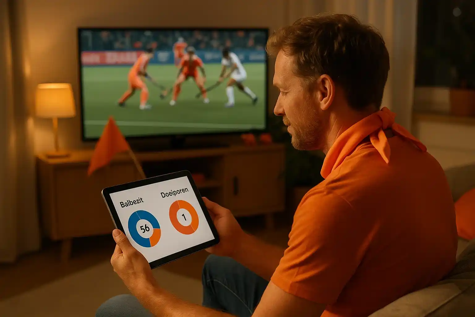 Nederlandse hockeyfan kijkt wedstrijd op TV terwijl hij statistieken checkt op tablet in huiskamer