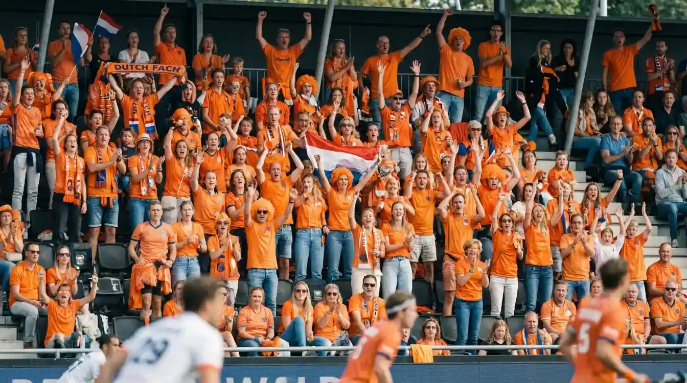 Enthousiaste Nederlandse hockeyfans in oranje kleding op de tribune