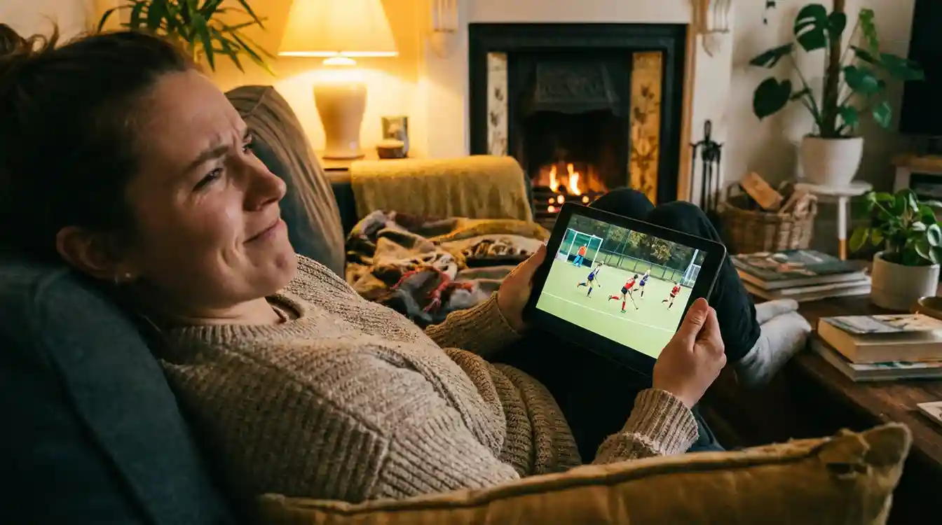 Persoon met tablet bekijkt hockeywedstrijd met vraagtekens als grafisch element