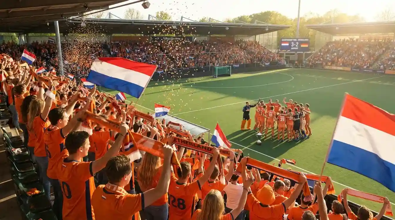 Volle tribune bij hockeyfinale met feestvierend publiek