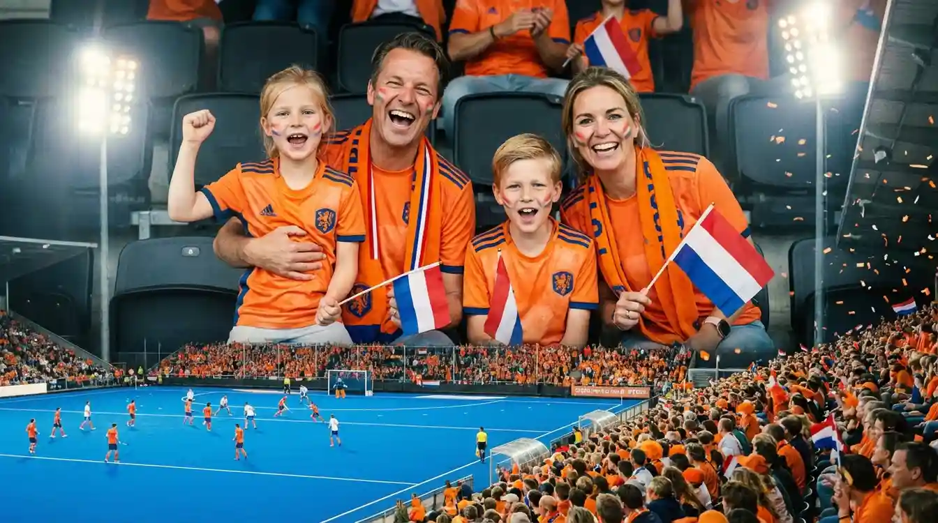 Gezin met kinderen op de tribune van een hockeystadion