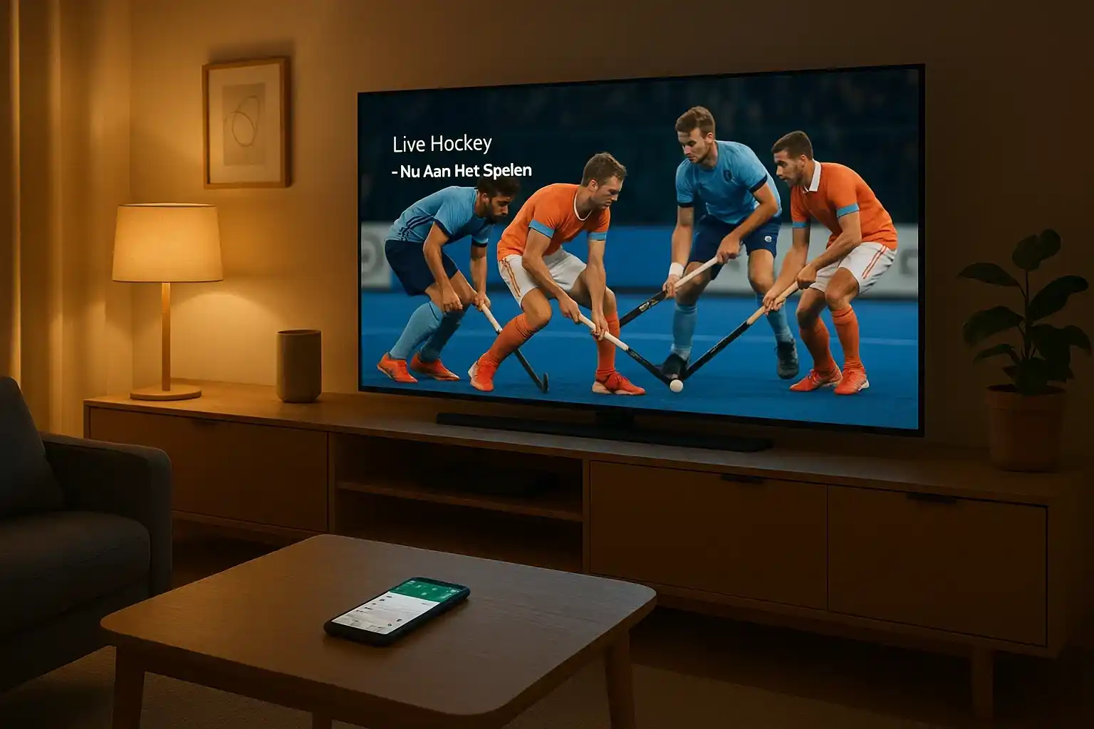 Hockey livestream kijken op smart TV in moderne woonkamer met smartphone en tablet