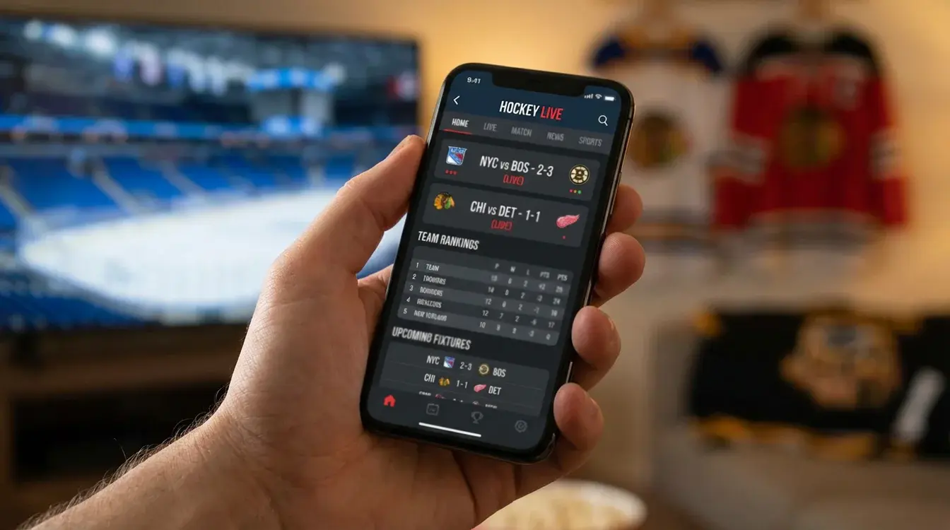 Smartphone met hockey.nl app die live scores en standen toont