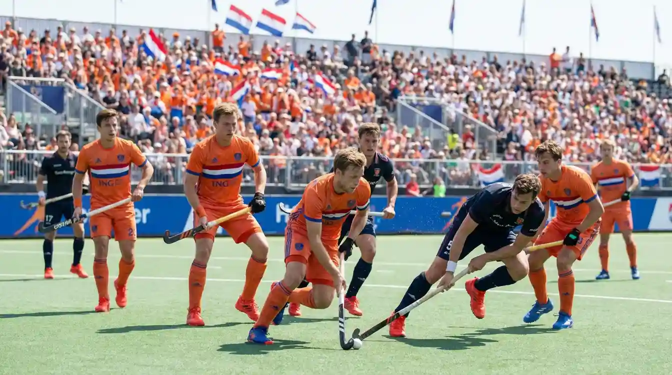 Nederlands hockeyteam in oranje shirts tijdens internationale wedstrijd