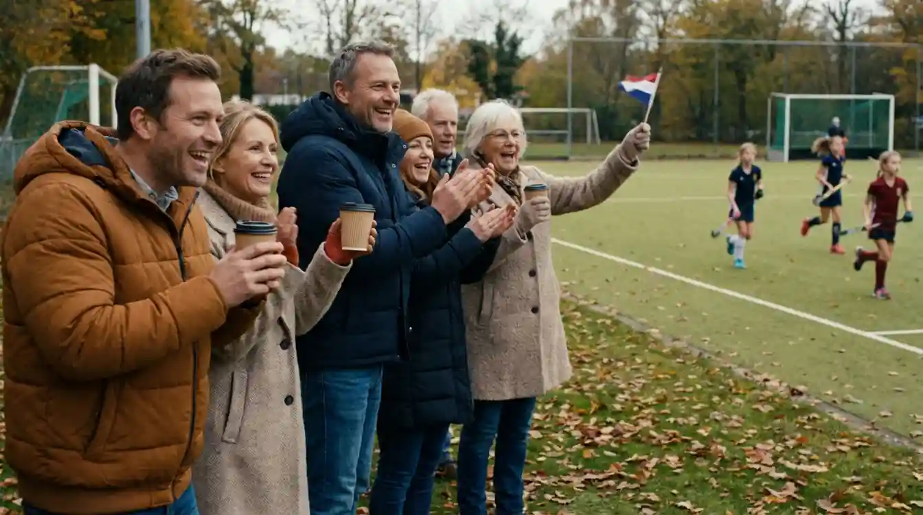 Ouders en grootouders moedigen kinderen aan langs het hockeyveld