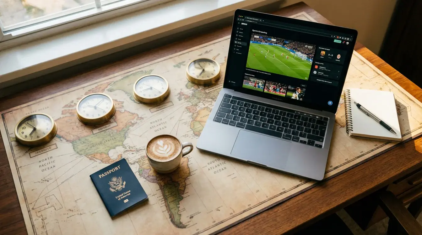Wereldkaart met verschillende tijdzones en een reiziger met laptop