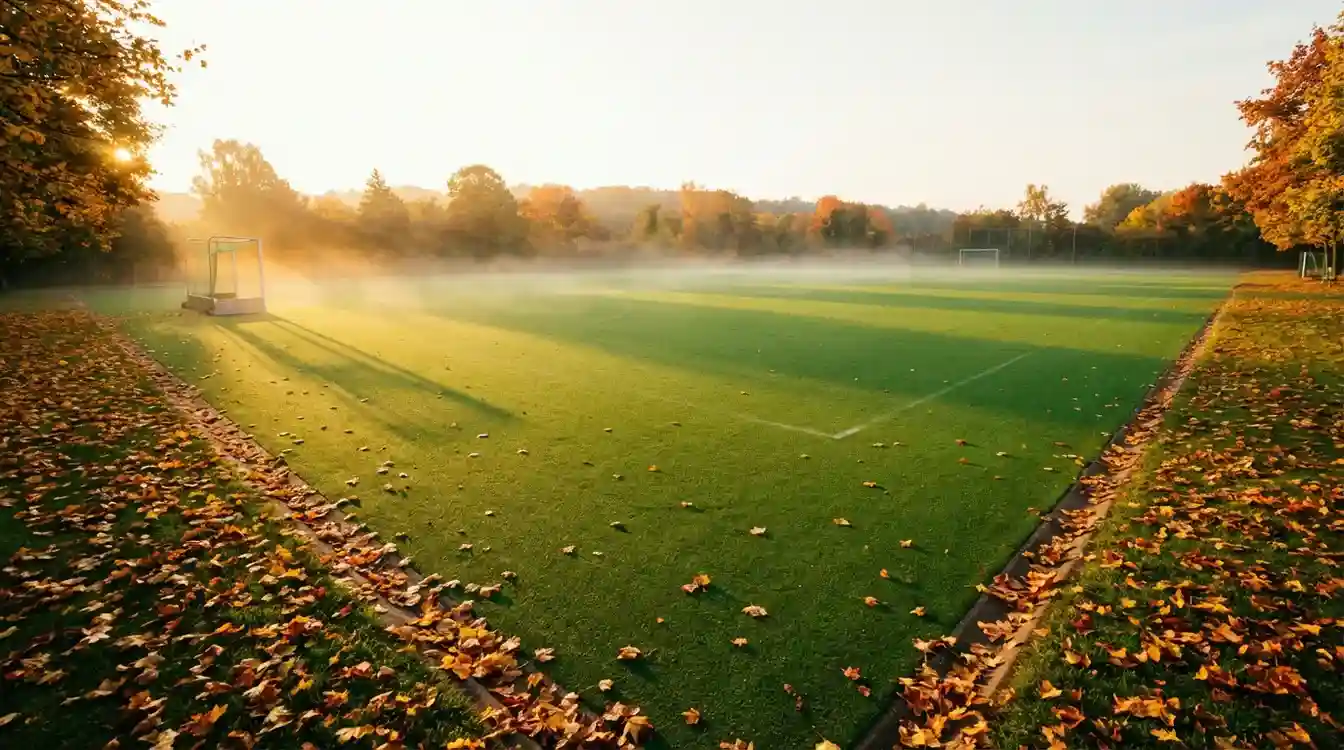 Hockeyveld in herfstsfeer met vallende bladeren bij seizoensstart