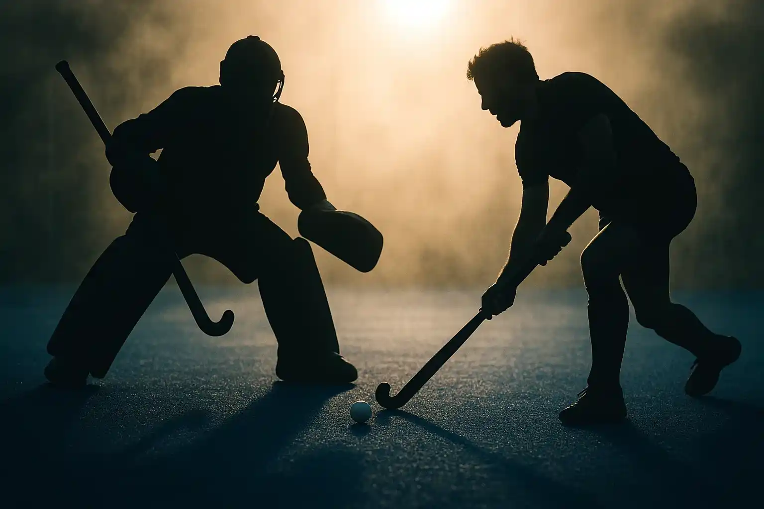 Spannend shoot-out moment in hockey met keeper tegenover aanvaller in dramatisch stadionlicht