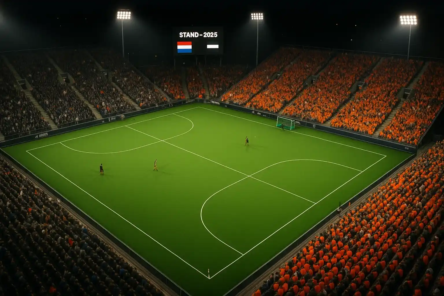Hockeystadion tijdens EK 2025 met volle tribunes en oranje supporters