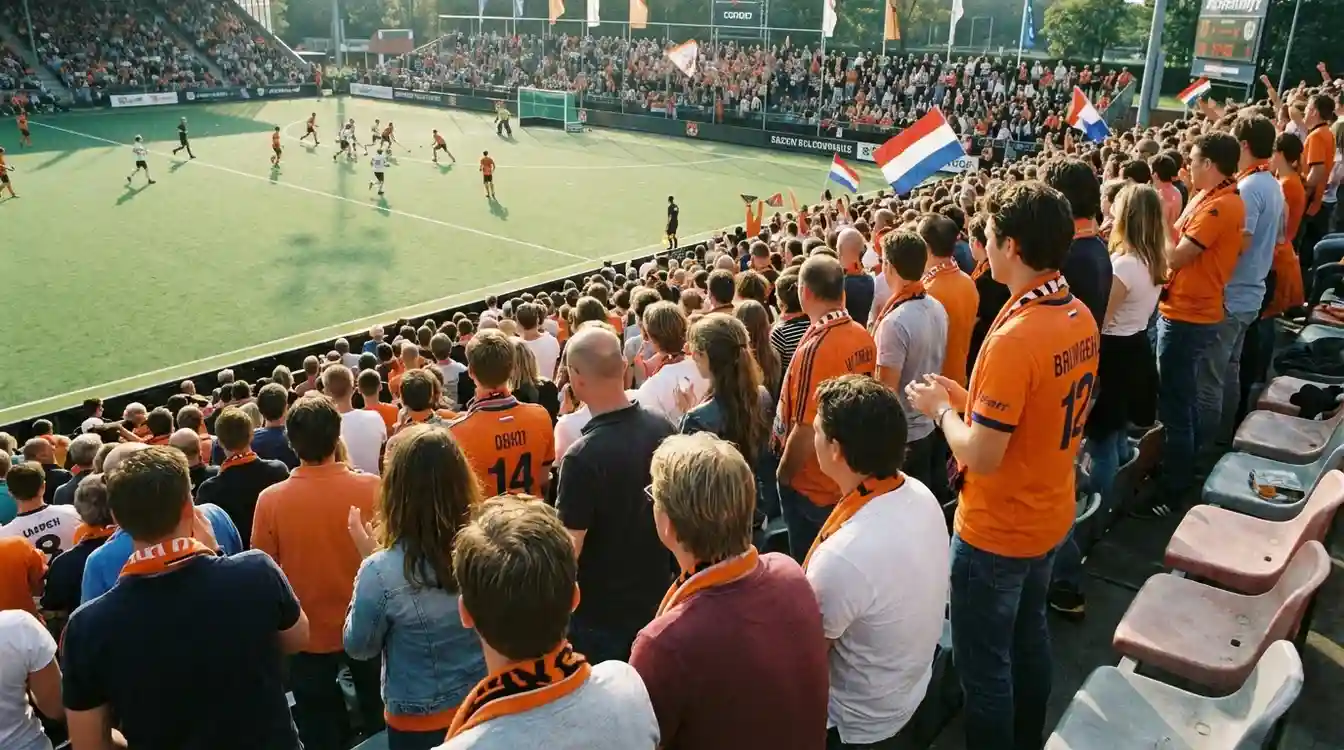 Publiek op tribune tijdens hockeywedstrijd met uitzicht op het veld