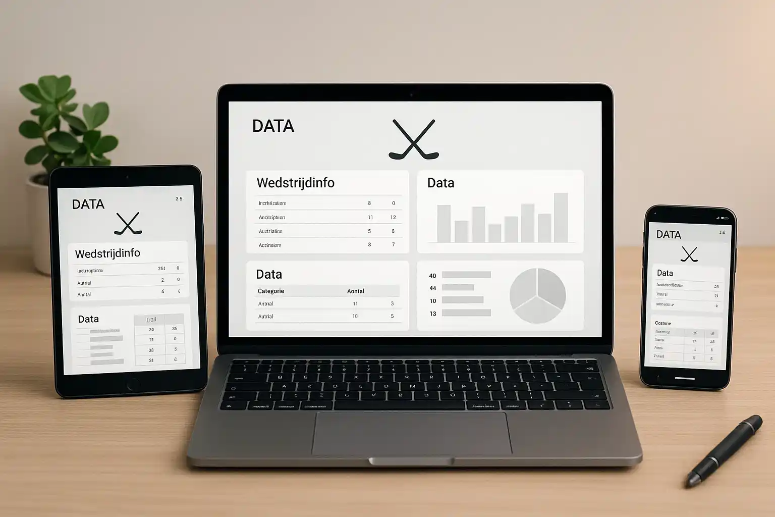Meerdere apparaten met hockey statistieken websites en apps zoals Hockey.nl en FIH