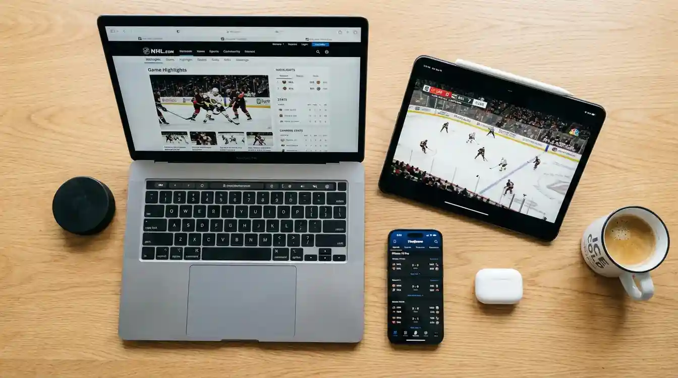 Verschillende apparaten zoals smartphone, tablet en laptop met hockeystreams