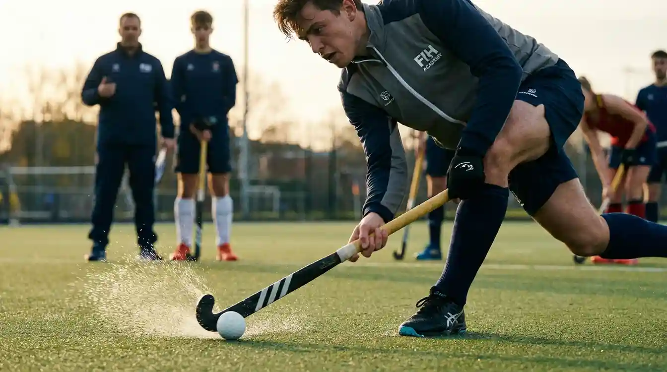 Hockeyspeler demonstreert een technische actie met de stick en bal