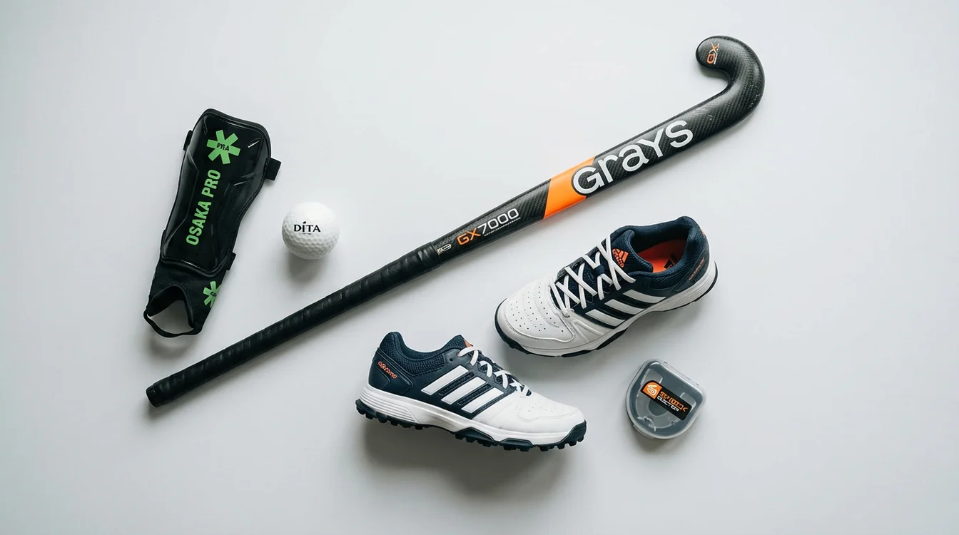 Overzicht van hockey uitrusting met stick, scheenbeschermers, schoenen en bal