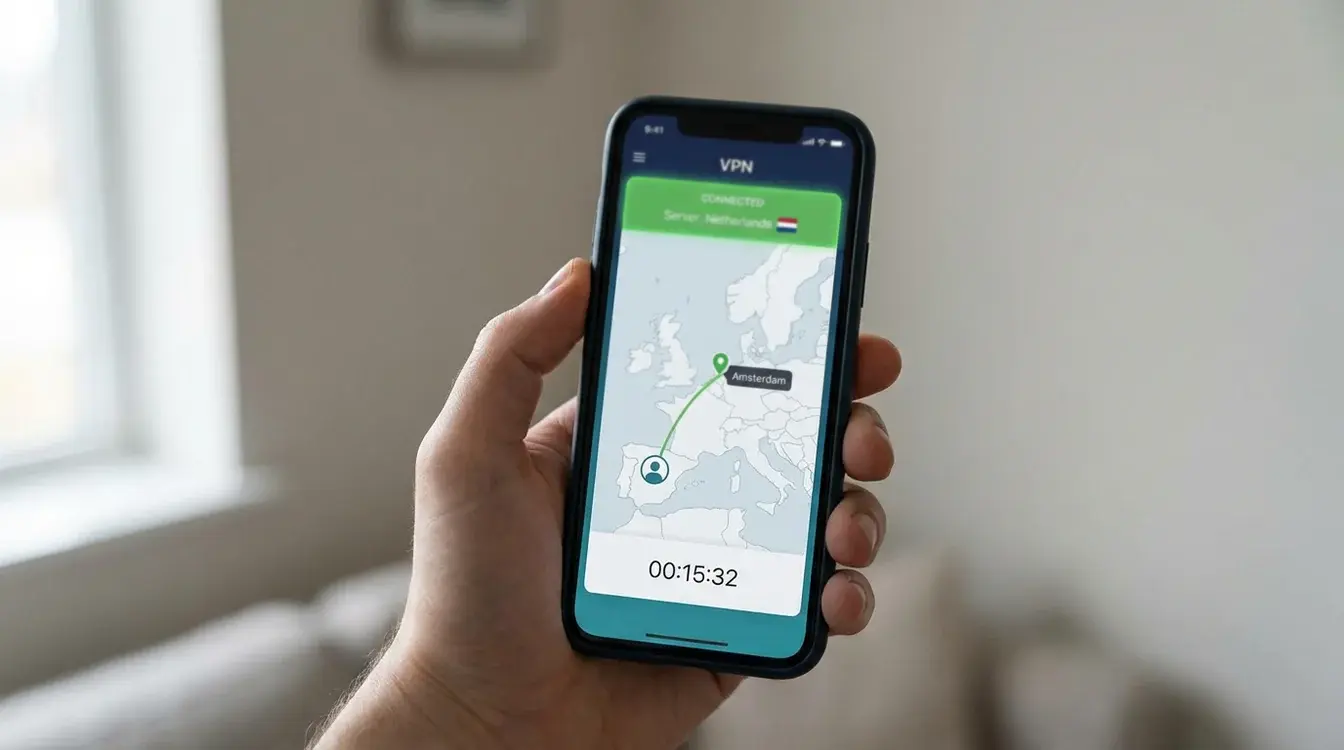 Smartphone met VPN-app verbonden met Nederlandse server