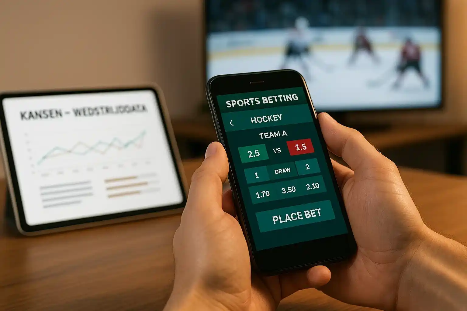 Smartphone met sportwedden app en hockey statistieken op tablet