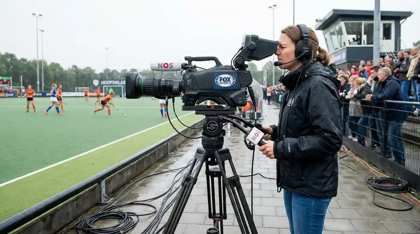 Televisiecamera filmt een Hoofdklasse hockeywedstrijd voor live uitzending