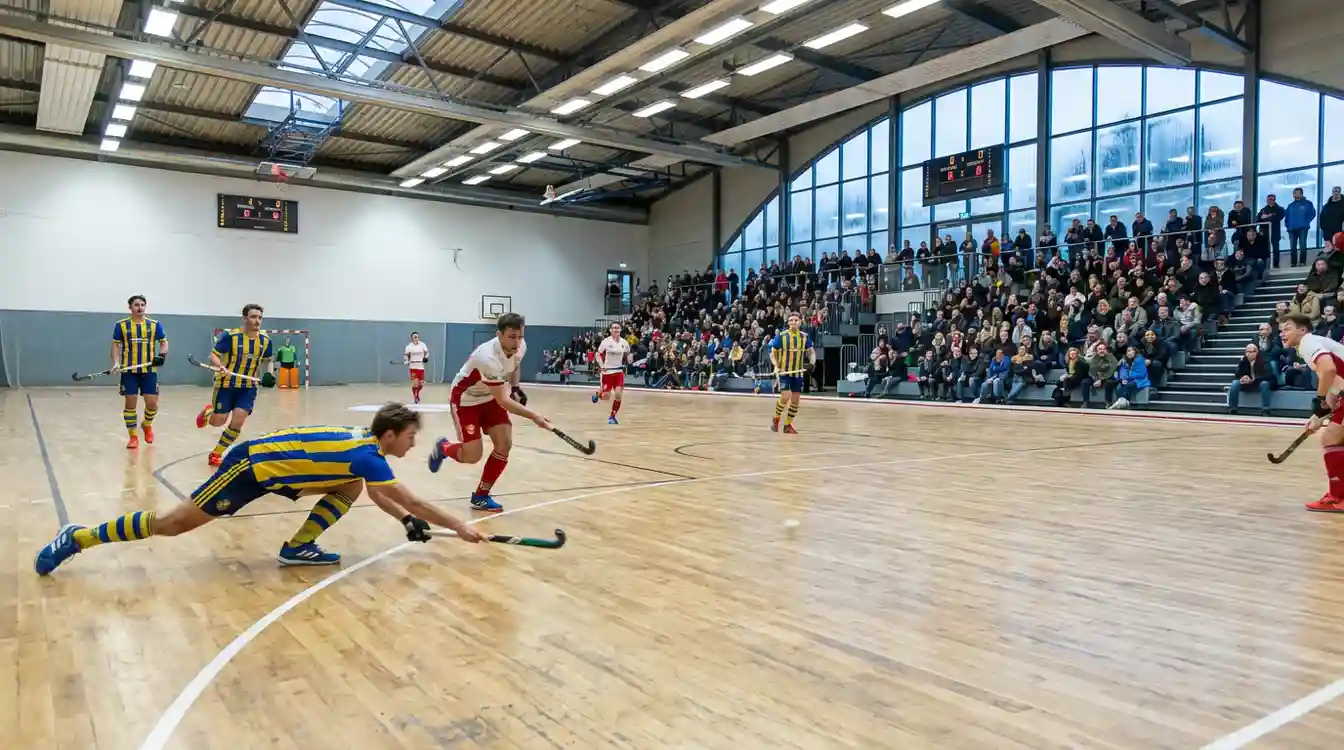 Zaalhockeywedstrijd in een sporthal met spelers in actie