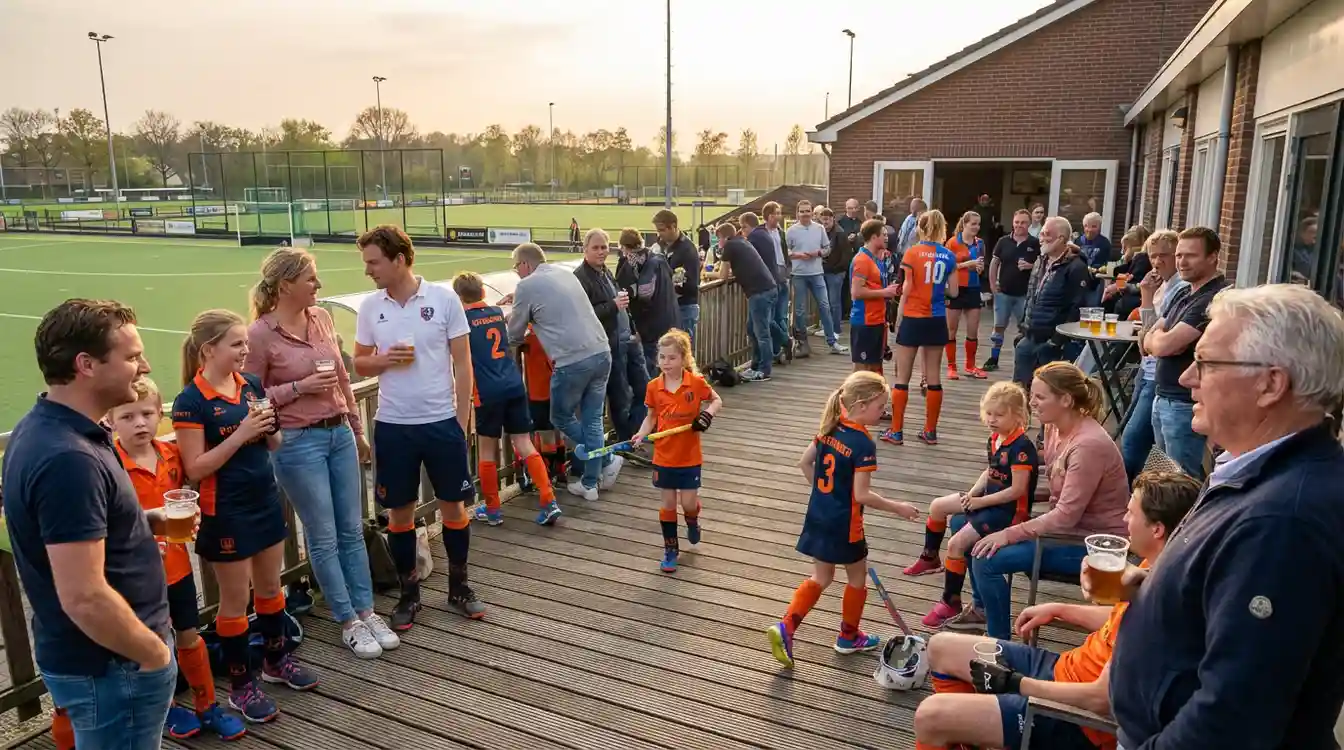 Gezellige sfeer bij een hockeyclub met spelers en families op het terras